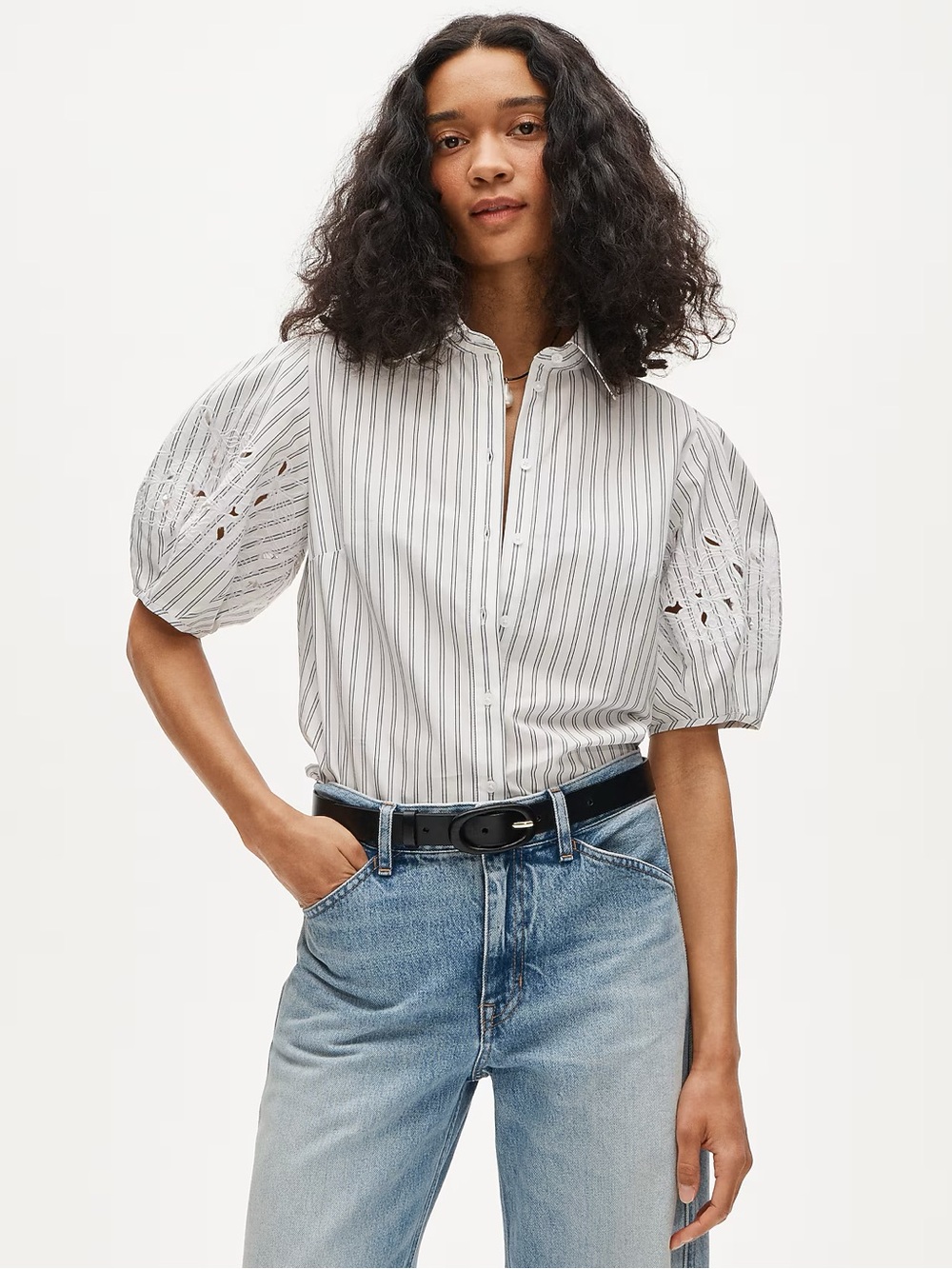 NWT J.Crew Eyelet Puff-Sleeve Poplin Shirt Ivory Blue Stripe